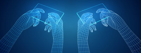 vector set of virtual hands holding a mobile phone. easily replaceable model and screen content