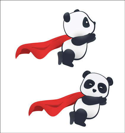 Little panda super hero flies in the air with a red cloak. Isolated on white backgroundのイラスト素材