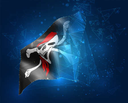 pirate skull vector flag, virtual abstract 3D object from triangular polygons on a blue backgroundのイラスト素材