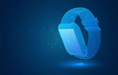 3d vector smart watch from polygons on a blue backgroundのイラスト素材