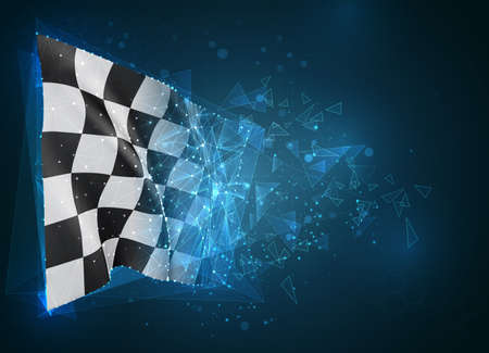 ack and white checkered vector flag, virtual abstract 3D object from triangular polygons on a blue backgroundのイラスト素材
