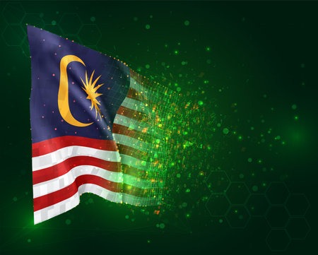 Malaysia, vector 3d flag on green background with polygons and data numbersのイラスト素材