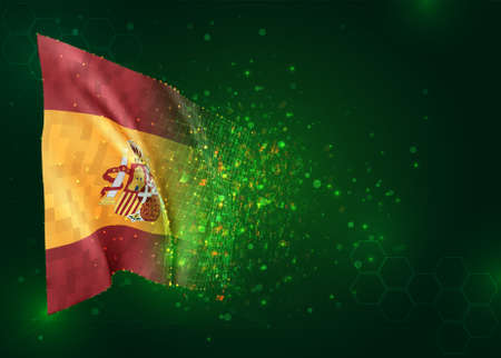 Spain, vector 3d flag on green background with polygons and data numbers