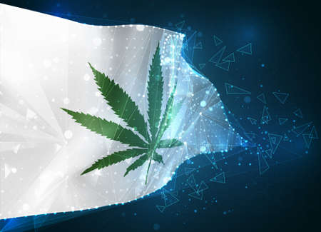 virtual marijuana, digital drug on the vector flag, 3D object from triangular polygons on a blue backgroundのイラスト素材