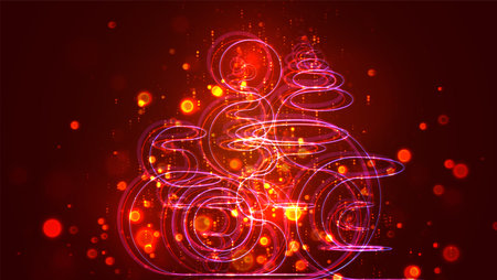 abstract thread with bends and waves flying in space, endless sparks and glow of red and orange colorsのイラスト素材