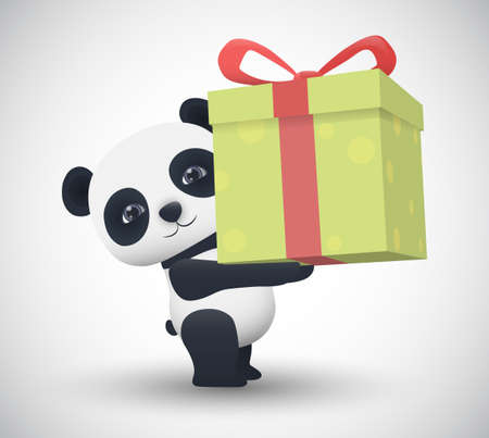 vector little panda carries a gift in its paws isolated on white backgroundのイラスト素材