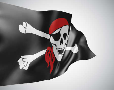 3d vector mesh flag of a pirate skull on a black background with waves in the wind.のイラスト素材