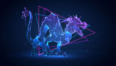 vector 3d asian dragon snake made of triangular polygons on blue backgroundのイラスト素材