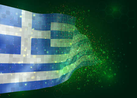 Greece, on vector 3d flag on green background with polygons and data numbers