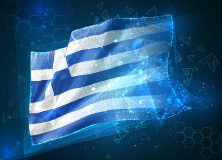 Greece, vector flag, virtual abstract 3D object from triangular polygons on a blue backgroundのイラスト素材