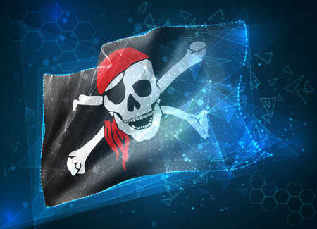 3d vector mesh flag of a pirate skull on a black, virtual abstract 3D object from triangular polygons on a blue backgroundのイラスト素材