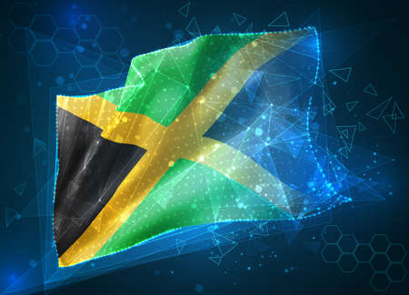 Jamaica, vector flag, virtual abstract 3D object from triangular polygons on a blue backgroundのイラスト素材