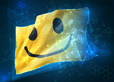 cheerful yellow smile vector flag, virtual abstract 3D object from triangular polygons on a blue backgroundのイラスト素材