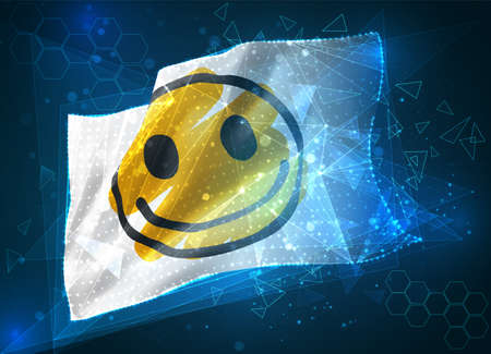 cheerful yellow smile vector flag, virtual abstract 3D object from triangular polygons on a blue backgroundのイラスト素材