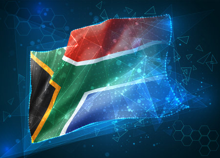 South Africa, vector flag, virtual abstract 3D object from triangular polygons on a blue backgroundのイラスト素材