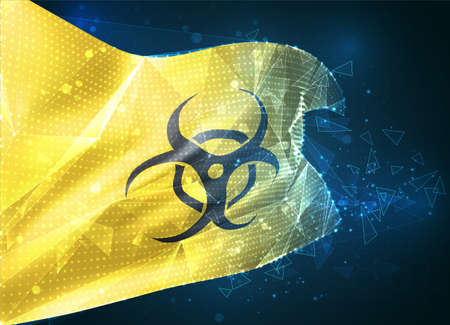 sign of viral and bacterial danger on a yellow background in vector flag virtual abstract 3D object from triangular polygons on a blue backgroundのイラスト素材