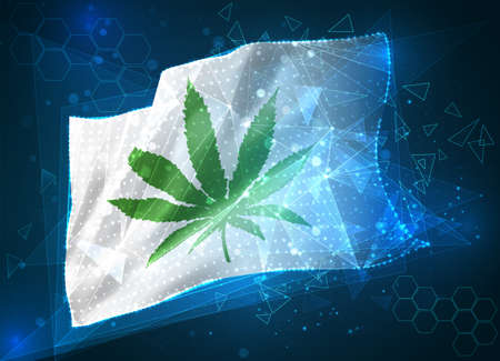 virtual marijuana, digital drug on the vector flag, 3D object from triangular polygons on a blue backgroundのイラスト素材