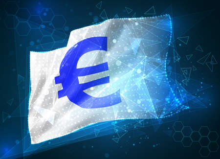 euro currency vector flag, virtual abstract 3D object from triangular polygons on a blue backgroundのイラスト素材
