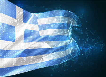 Greece, vector flag, virtual abstract 3D object from triangular polygons on a blue backgroundのイラスト素材