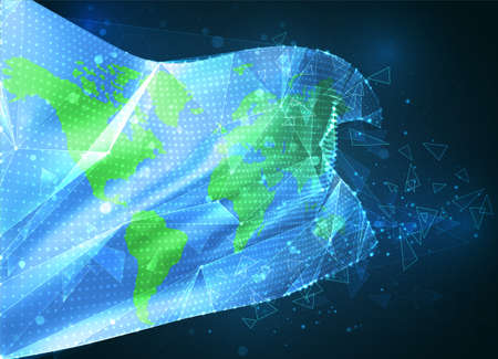 Earth protection vector flag, virtual abstract 3D object from triangular polygons on a blue backgroundのイラスト素材
