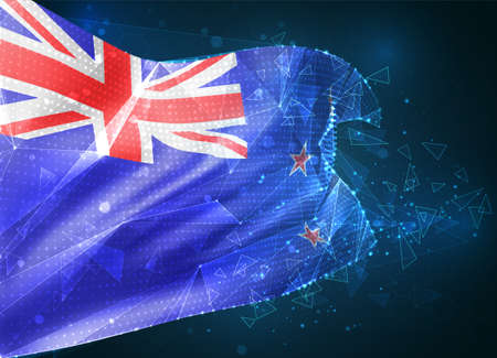 new Zealand, vector flag, virtual abstract 3D object from triangular polygons on a blue backgroundのイラスト素材