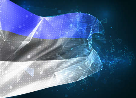 Estonia, vector flag, virtual abstract 3D object from triangular polygons on a blue backgroundのイラスト素材