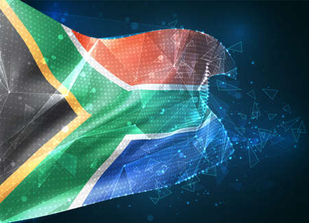South Africa, vector flag, virtual abstract 3D object from triangular polygons on a blue backgroundのイラスト素材