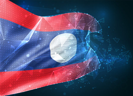 Laos, vector flag, virtual abstract 3D object from triangular polygons on a blue backgroundのイラスト素材