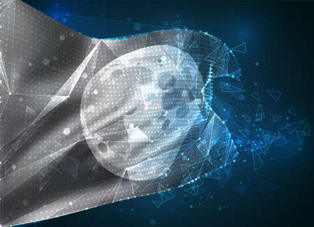 moon, vector flag, virtual abstract 3D object from triangular polygons on a blue backgroundのイラスト素材