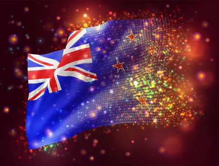new Zealand, vector 3d flag on pink purple background with lighting and flaresのイラスト素材