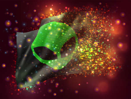 green alien from space vector 3d flag on pink purple background with lighting and flares