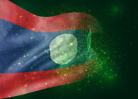 Laos, on vector 3d flag on green background with polygons and data numbersのイラスト素材