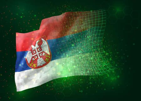 Serbia, on vector 3d flag on green background with polygons and data numbers
