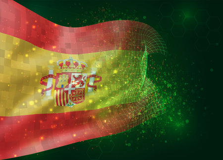 Spain, on vector 3d flag on green background with polygons and data numbersのイラスト素材