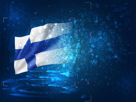 Finland, vector 3d flag on blue background with hud interfacesのイラスト素材