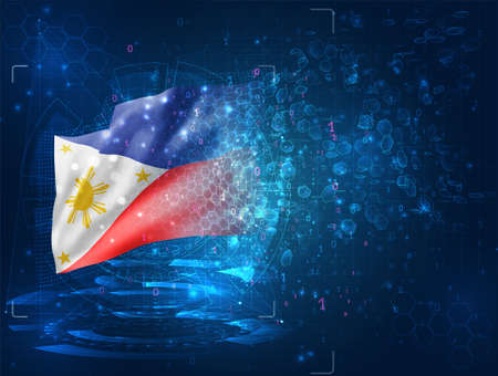 Philippines, vector 3d flag on blue background with hud interfacesのイラスト素材