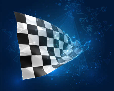 vector flag, black and white checkered virtual abstract 3D object from triangular polygons on a blue backgroundのイラスト素材