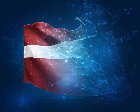 Latvia, vector flag, virtual abstract 3D object from triangular polygons on a blue backgroundのイラスト素材