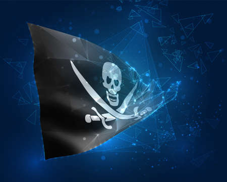 3d vector mesh flag of a pirate skull on a black, virtual abstract 3D object from triangular polygons on a blue backgroundのイラスト素材