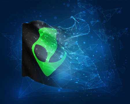 green alien from space vector flag, virtual abstract 3D object from triangular polygons on a blue...