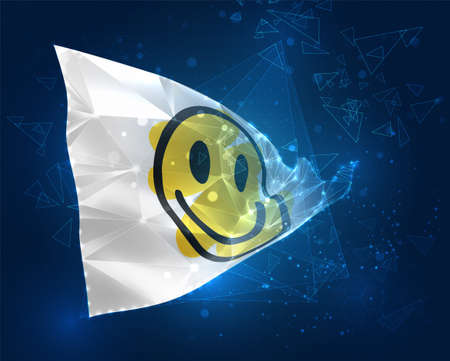 cheerful yellow smile vector flag, virtual abstract 3D object from triangular polygons on a blue backgroundのイラスト素材