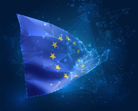 European Union, vector flag, virtual abstract 3D object from triangular polygons on a blue...