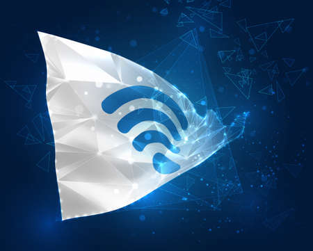 3d vector mesh flag of wi-fi wave, virtual abstract 3D object from triangular polygons on a blue backgroundのイラスト素材
