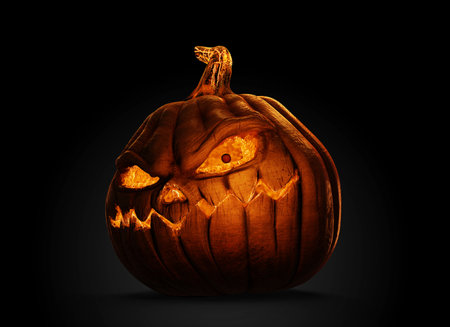 live scary halloween pumpkin, render on black backgroundの写真素材
