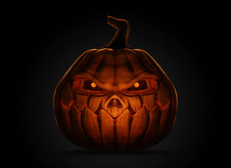 live scary halloween pumpkin, render on black backgroundの写真素材