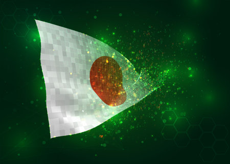Japan, on vector 3d flag on green background with polygons and data numbersのイラスト素材