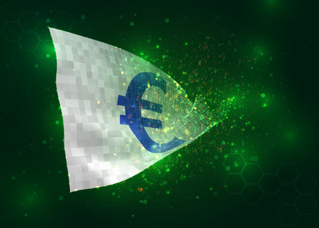 Euro, on vector 3d flag on green background with polygons and data numbersのイラスト素材