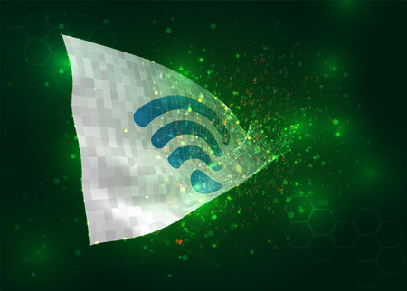 Wi-Fi, on vector 3d flag on green background with polygons and data numbersのイラスト素材