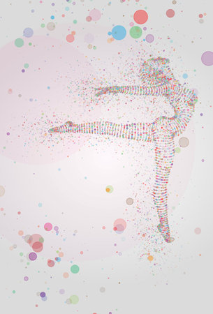 Female silhouette from colorful dots dancing on an abstract background. vector layoutのイラスト素材