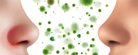 Vector template for advertising protecting the respiratory tract and nose from allergies and diseases, viruses and bacteria, dust and dirt.のイラスト素材